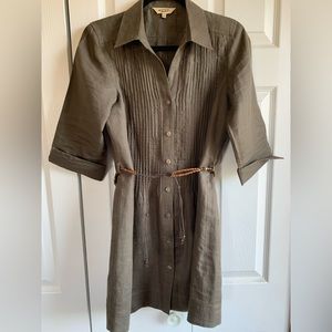 ECRU | S | Linen top, brown, front button-down, 3/4 cuff sleeves, beaded belt